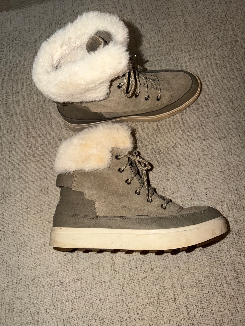 UGG Taupe Suede Lace-Up Winter Boots with Cream Faux Fur Cuff